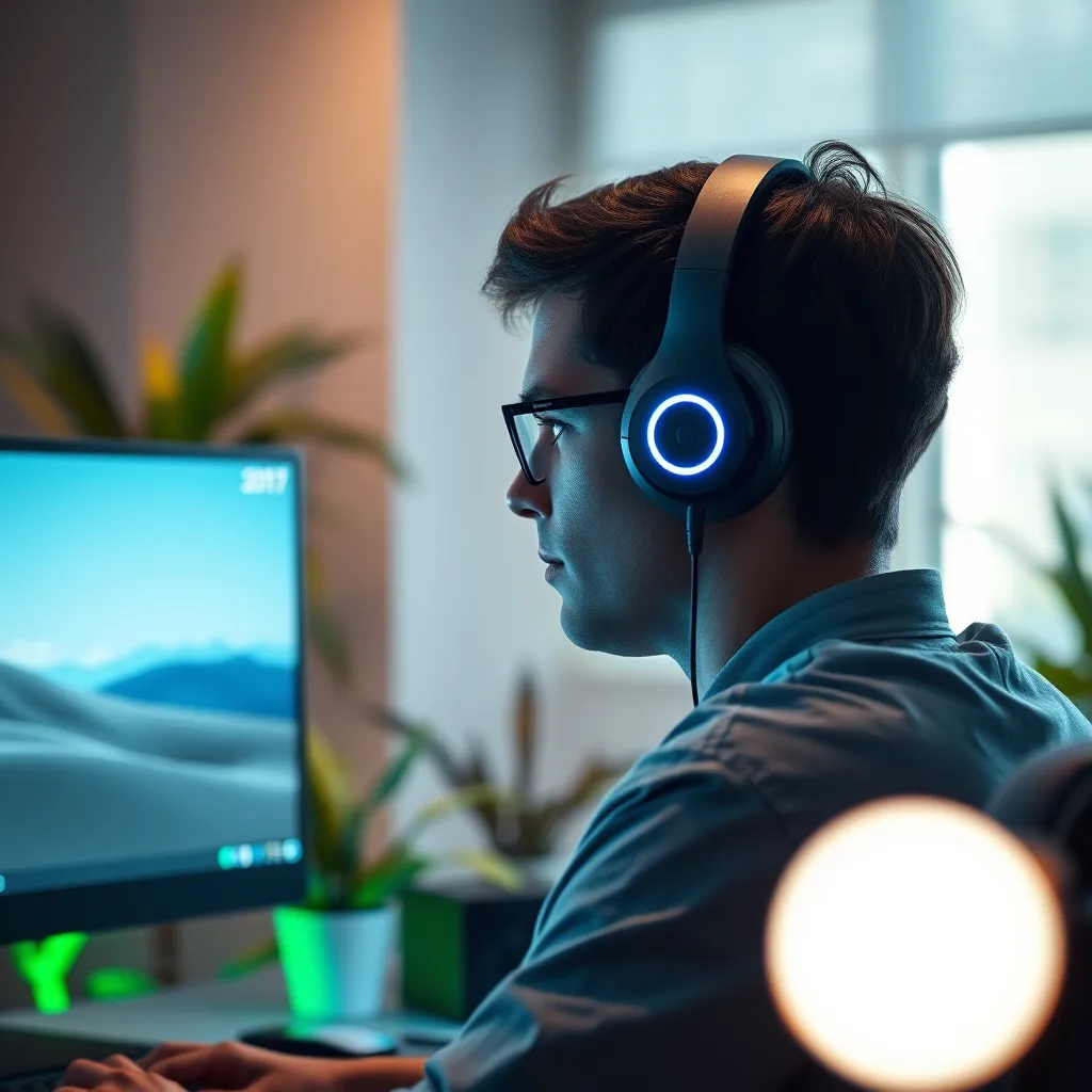 A modern workspace with an individual wearing noise-canceling headphones, deeply focused on their computer screen. Soft lighting, greenery in the background, and calming visuals on the monitor represent productivity and concentration. A faint glow emanates from the headphones.