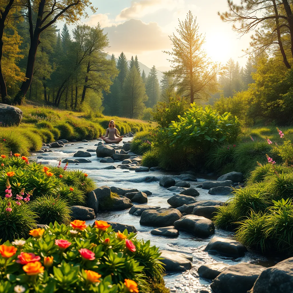 A picturesque natural landscape featuring a flowing stream with lush greenery and vibrant flowers. In the foreground, a person practices deep breathing exercises, surrounded by a rich variety of wildlife, and the warm glow of sunlight filtering through the trees, symbolizing harmony with nature.